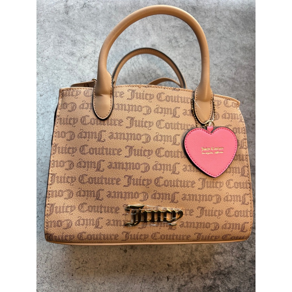 Juicy Couture Monogram Logo Print‎ Satchel Bag Tan Y2K Heart Charm